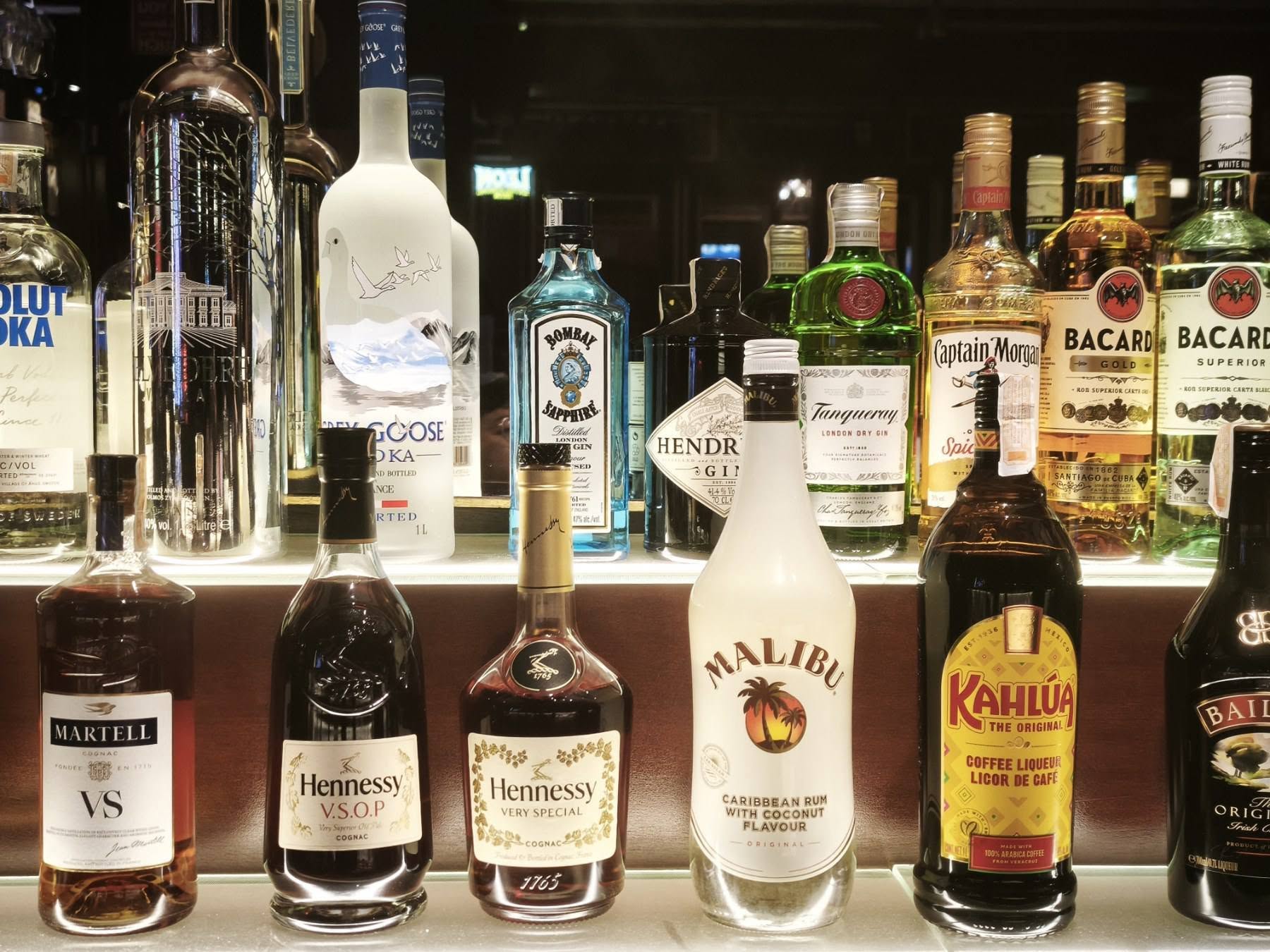 Premium spirits lined along the bar